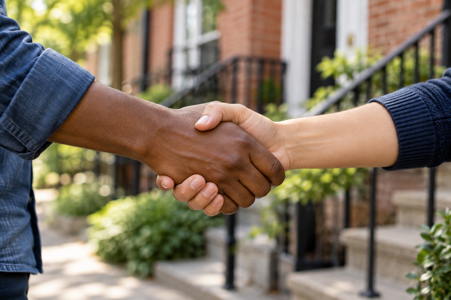 Two neighbors greeting one another with a handshake outside their townhouses