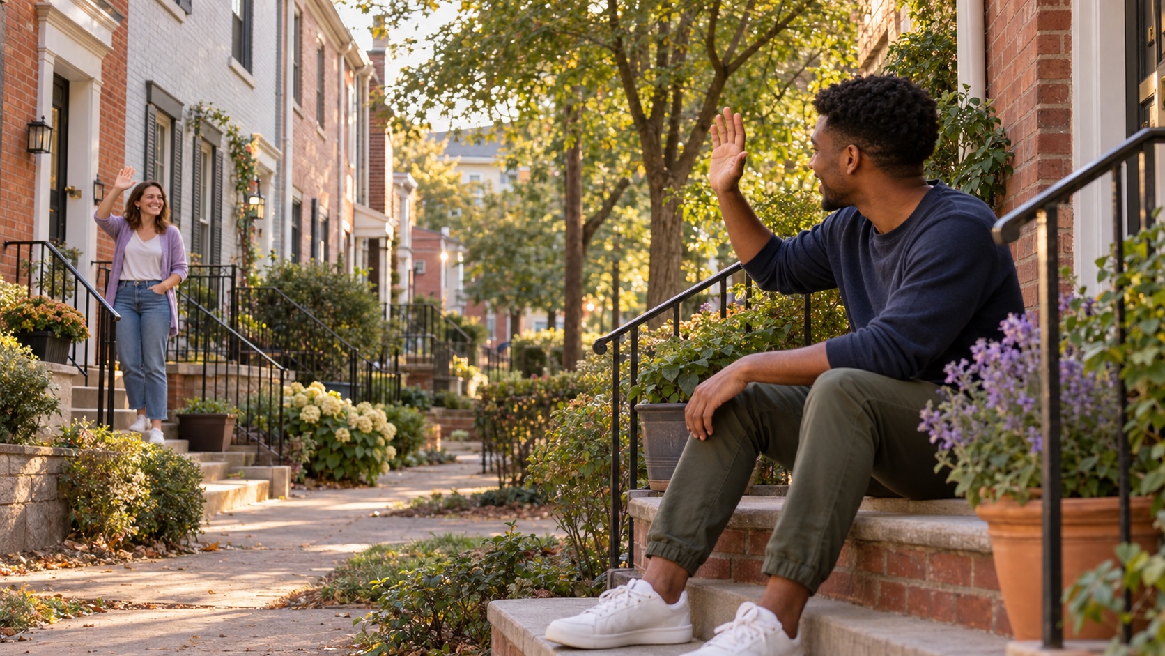 A young man seated on his townhouse stoop waving to a neighbor across the walkway