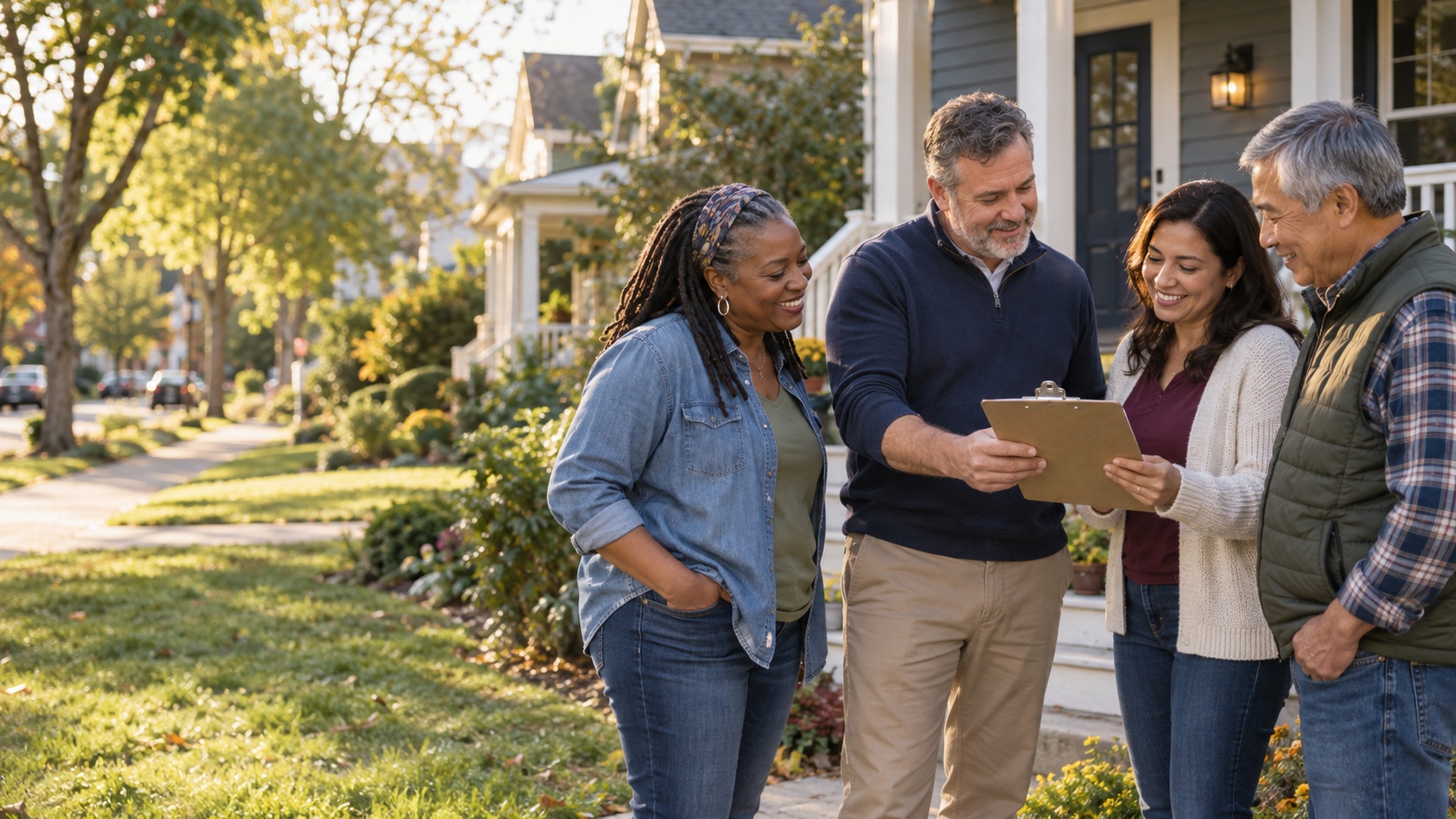 Neighbors reviewing a home safety guide together in front of a house
